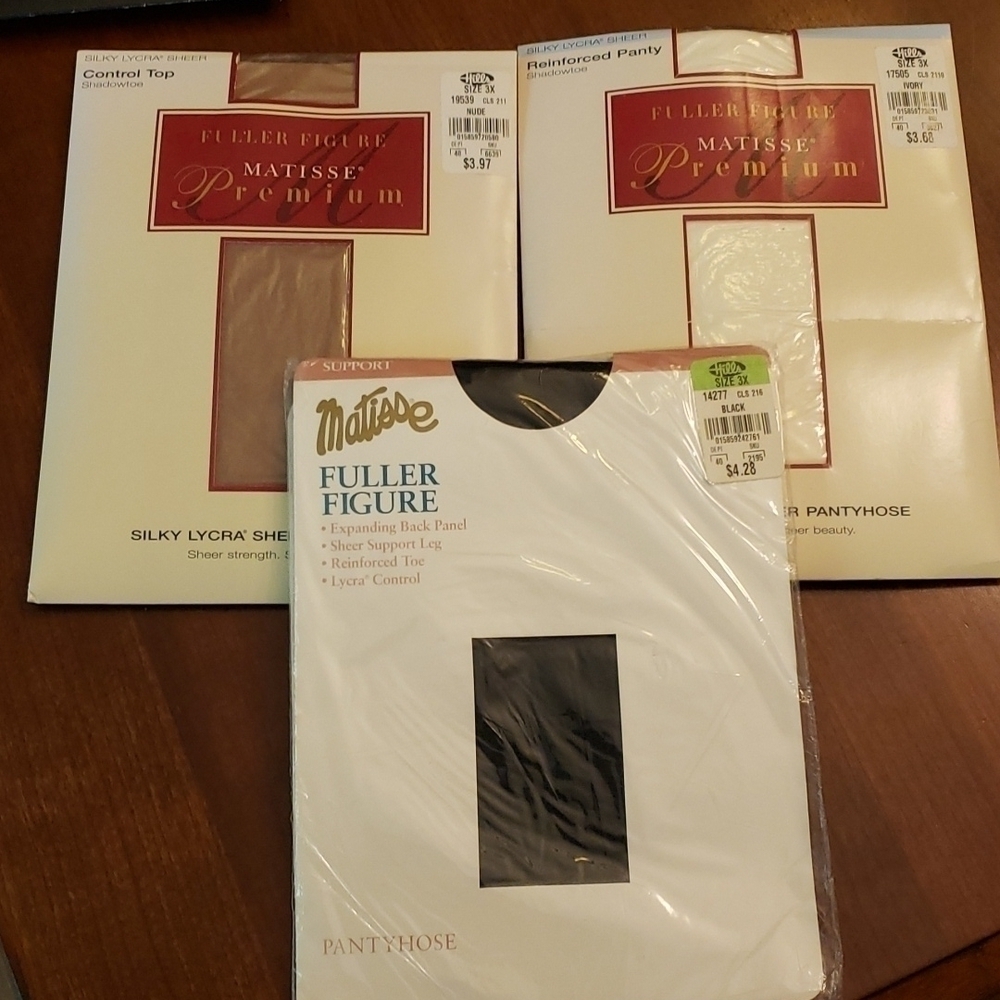 3 Pair Pantyhose Vintage Matisse Fuller Figure 3X Nude Ivory Black NIB